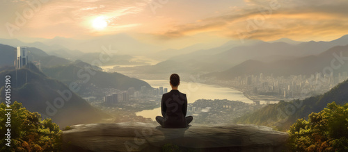 Serenity on the Summit: A Woman Meditating atop Mountain with Crossed Legs - Generative AI