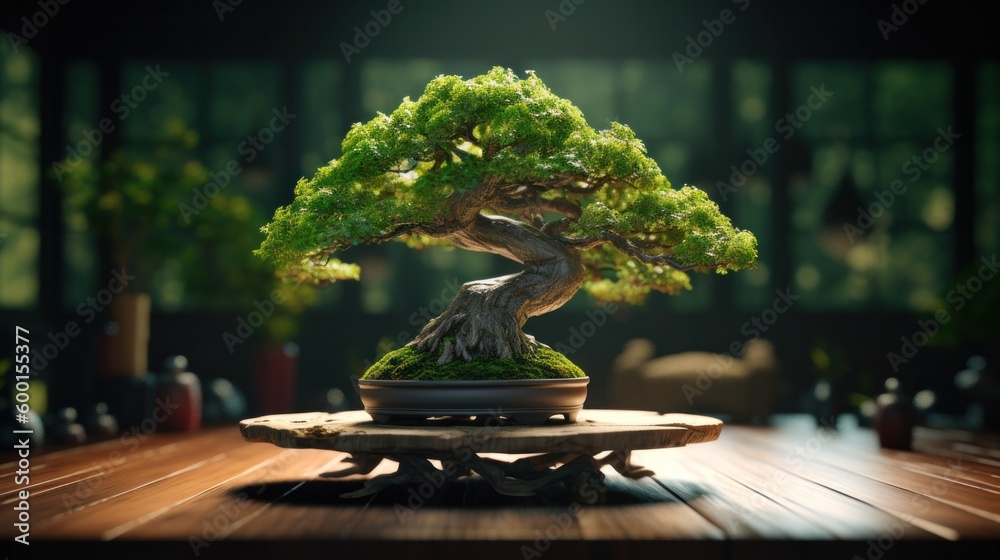 Bonsai tree on wooden base in morning nature view background. Bonsai and Gardening Concept. Generative AI. Bonsai tree on wooden base in morning nature view background. Bonsai and Gardening Concept. Generative AI.