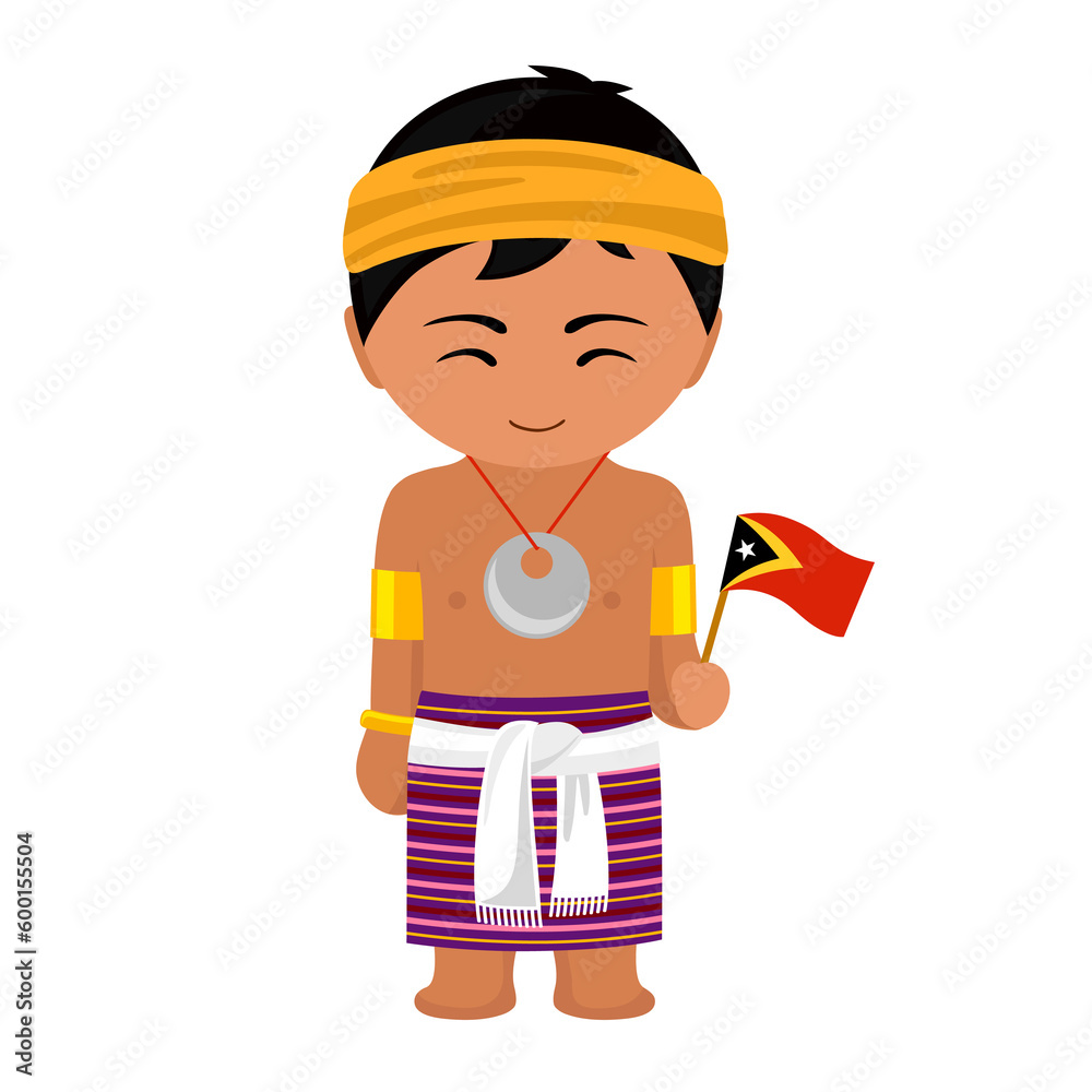 Man in Timor-Leste national costume. Male cartoon character in traditional East Timor ethnic clothes holding flag. Flat isolated illustration.