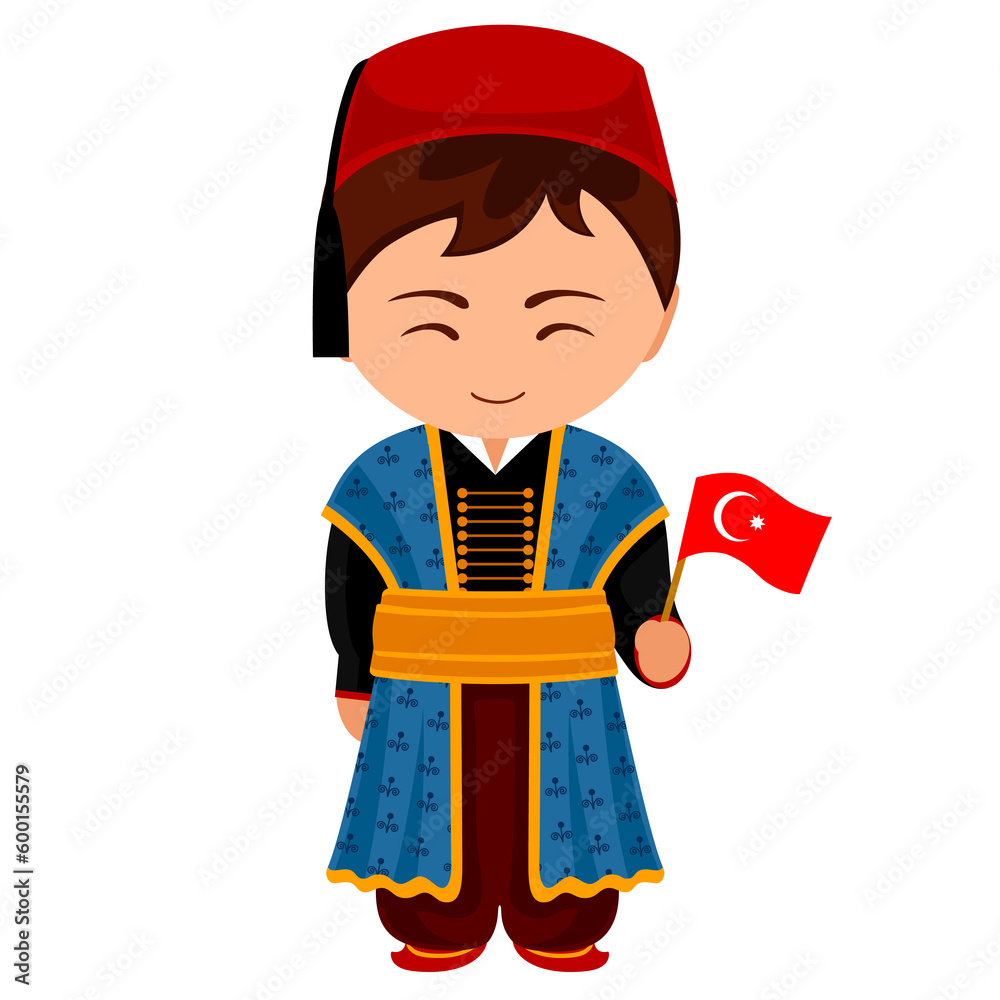 Man in Türkiye national costume. Male cartoon character in traditional turkish ethnic clothes holding flag. Flat isolated illustration. Man in Türkiye national costume. Male cartoon character in traditional turkish ethnic clothes holding flag. Flat isolated illustration.