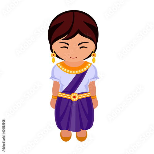 Woman in Cambodia national costume. Female cartoon character in traditional cambodian ethnic clothes. Flat isolated illustration. 