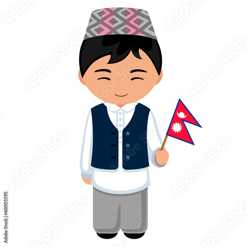 Man in Nepal national costume. Nepalese male cartoon character in traditional nepali ethnic clothes holding flag. Flat isolated illustration.