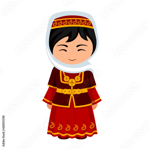 Woman in Azerbaijan national costume. Female cartoon character in azeri traditional ethnic clothes. Flat isolated illustration. 