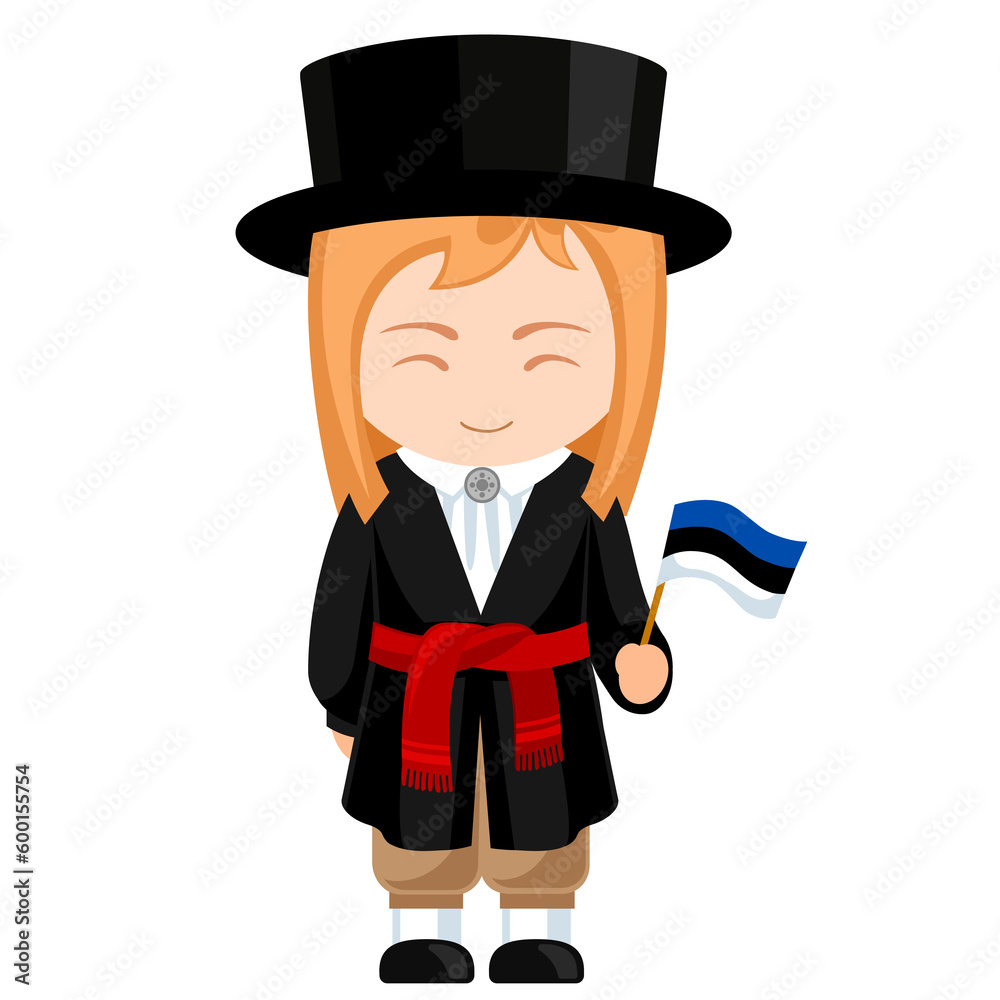 Man in Estonia national costume. Male cartoon character in traditional estonian ethnic clothes holding flag. Flat isolated illustration.