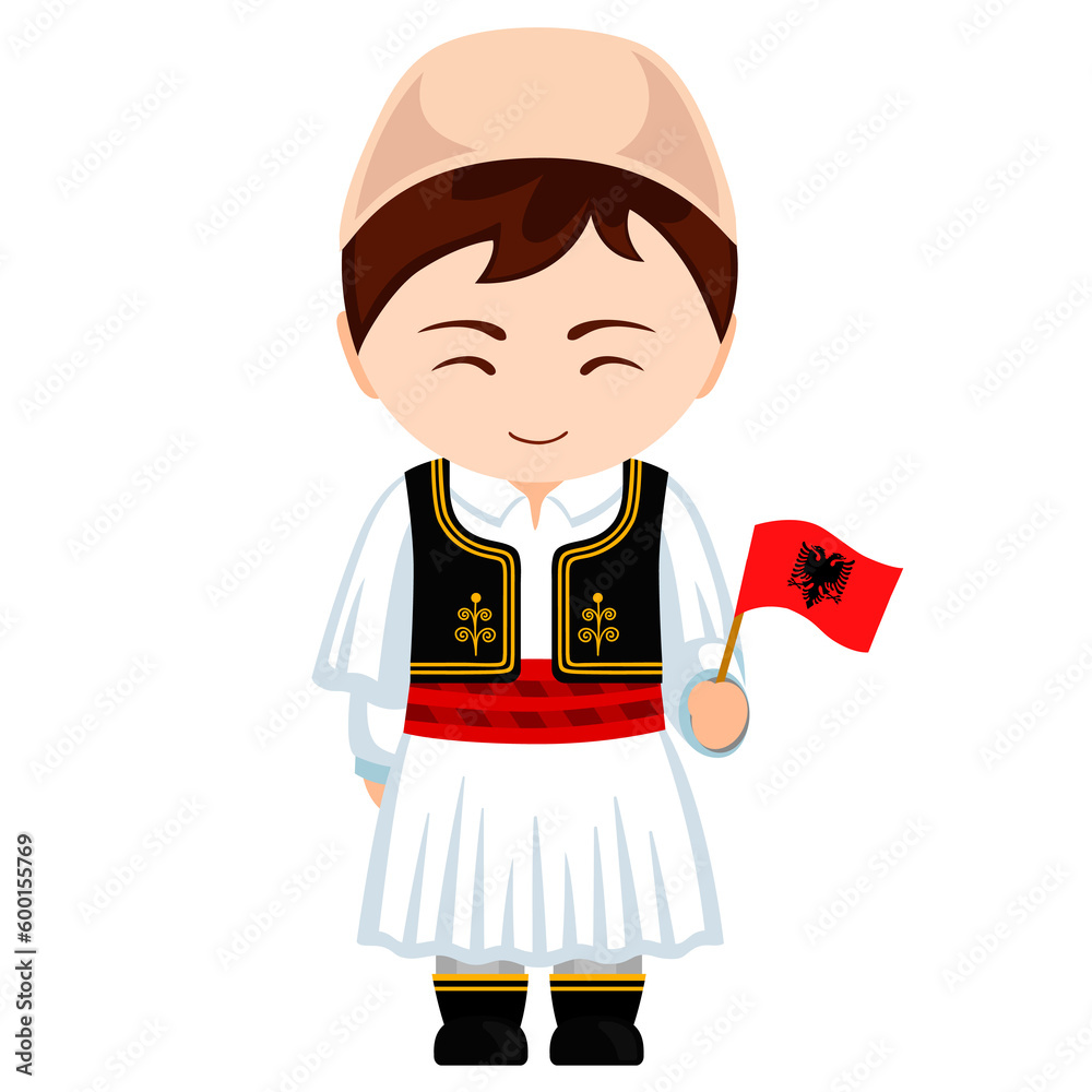 Man in Albania national costume. Male cartoon character in traditional albanian ethnic clothes holding flag. Flat isolated illustration. Man in Albania national costume. Male cartoon character in traditional albanian ethnic clothes holding flag. Flat isolated illustration.