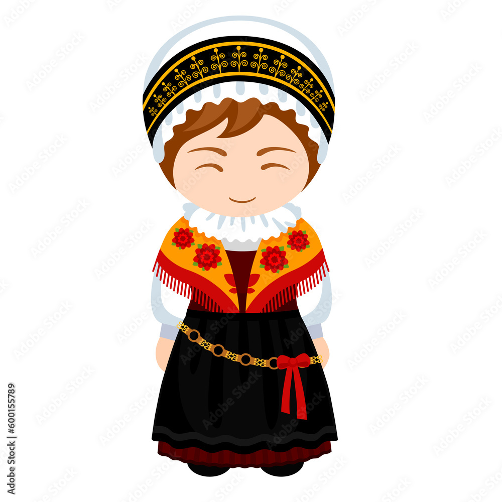 Woman in Slovenia national costume. Female cartoon character in slovenian traditional ethnic clothes. Flat isolated illustration.