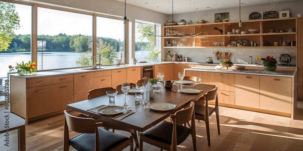 A Kitchen Designed for Comfort: Custom Cabinetry, Plenty of Storage, and a Gorgeous Lake View to Relax and Unwind, Generative AI