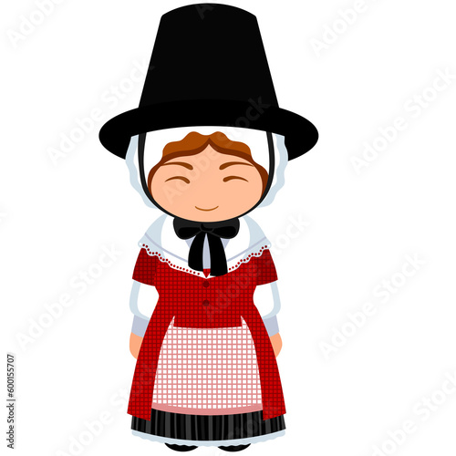 Woman in Wales national costume. Female cartoon character in traditional welsh ethnic clothes. Flat isolated illustration.