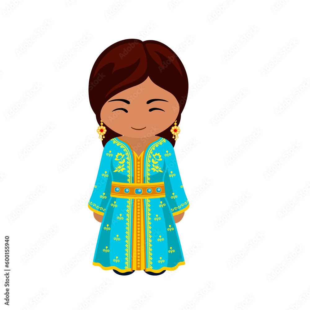 Woman in Morocco national costume. Female cartoon character in moroccan traditional ethnic clothes. Flat isolated illustration. Woman in Morocco national costume. Female cartoon character in moroccan traditional ethnic clothes. Flat isolated illustration.