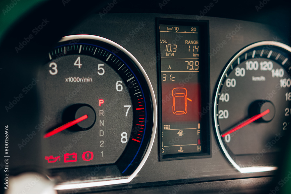 Fototapeta premium close up modern car dashboard. Car dashboard. Checking the system when starting the engine. 