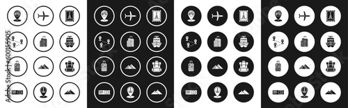 Set Postal stamp and Eiffel tower, Suitcase for travel, Route location, Map pointer with Egypt pyramids, Ship, Plane, Hiking backpack and stickers icon. Vector