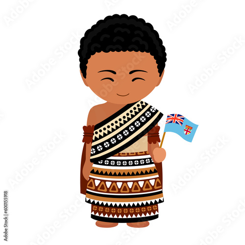 Man in Fiji national costume. Male cartoon character in traditional ethnic clothes holding fijian flag. Flat isolated illustration. photo