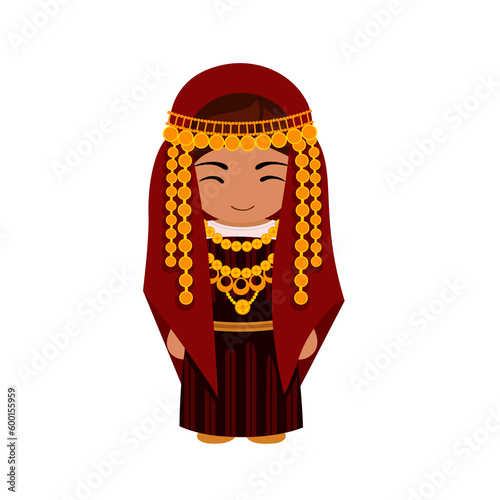 Woman in Tunisia national costume. Female cartoon character in tunisian traditional ethnic clothes. Flat isolated illustration. photo