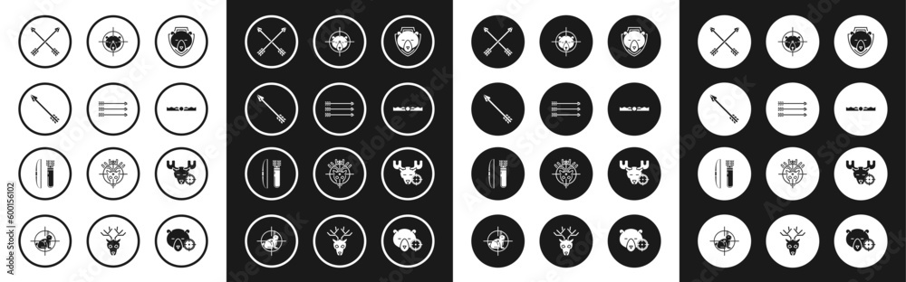 Set Bear head on shield, Hipster arrows, Crossed, Trap hunting, Hunt bear with crosshairs, moose and Bow and quiver icon. Vector