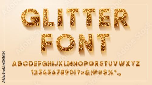 Glitter golden alphabet, numbers and signs with shadow. Bold gold letters sparkle of solar sequins. Shining vector font with metallic effect. Brilliant capital text for holiday and festive.