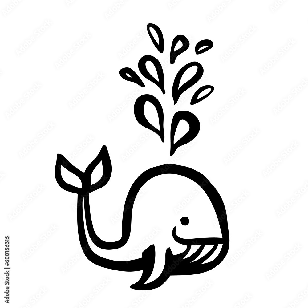 Fototapeta premium Cute cartoon whale splashing water, hand painted with ink brush stroke. Png clipart isolated on transparent background