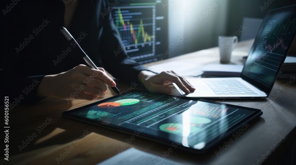 Businesswoman analyzing company financial report Generative art