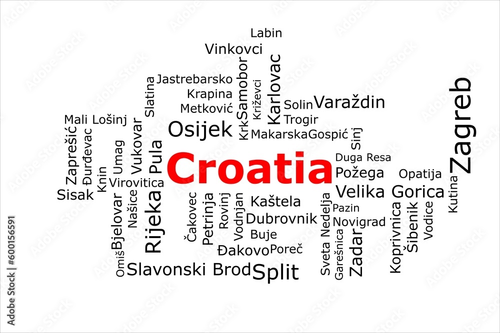 Tagcloud of the most populous cities in Croatia. The title is red and all the cities are black on the white background. There are cities like Zagreb and Split.