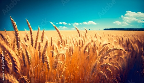 Field of Ripe Wheat against the Blue Sky. Generative ai