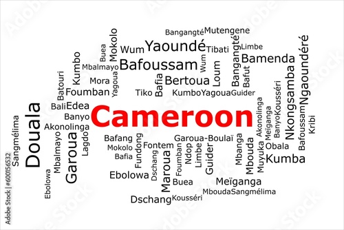 Tagcloud of the most populous cities in Cameroon. The title is red and all the cities are black on the white background. There are cities like Douala and Yaounde.Tagcloud of the most populous cities i photo