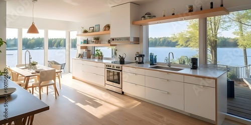 Cook in Style: Functional Kitchen with Ample Storage and Breathtaking Lake Views, Generative AI