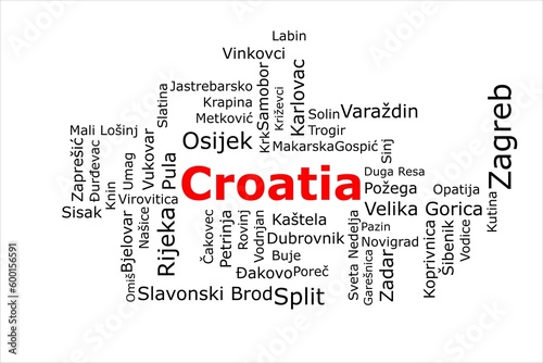 Tagcloud of the most populous cities in Croatia. The title is red and all the cities are black on the white background. There are cities like Zagreb and Split.