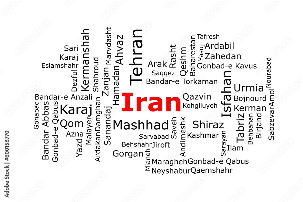 Tagcloud of the most populous cities in Iran. The title is red and all the cities are black on the white background. There are cities like Tehran and Mashad.