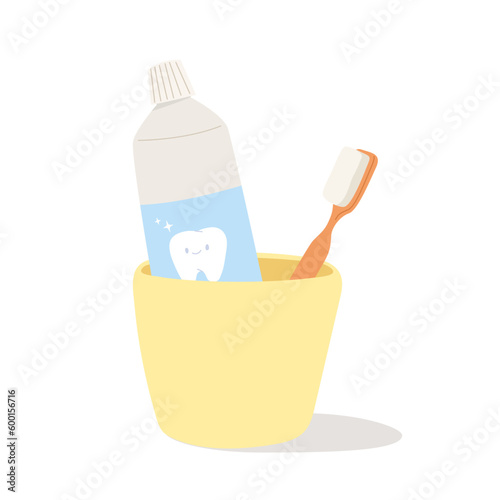 Toothpaste and toothbrush in yellow cup isolated on white background. Concept of morning, teeth brushing, oral health, dental health, morning routine, mouth cleaning. Flat vector illustration.
