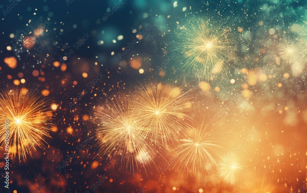 Fireworks at New Year, Sparklers and bokeh lights on sky, Banner design, Copy space for text (Generative AI) Fireworks at New Year, Sparklers and bokeh lights on sky, Banner design, Copy space for text (Generative AI)