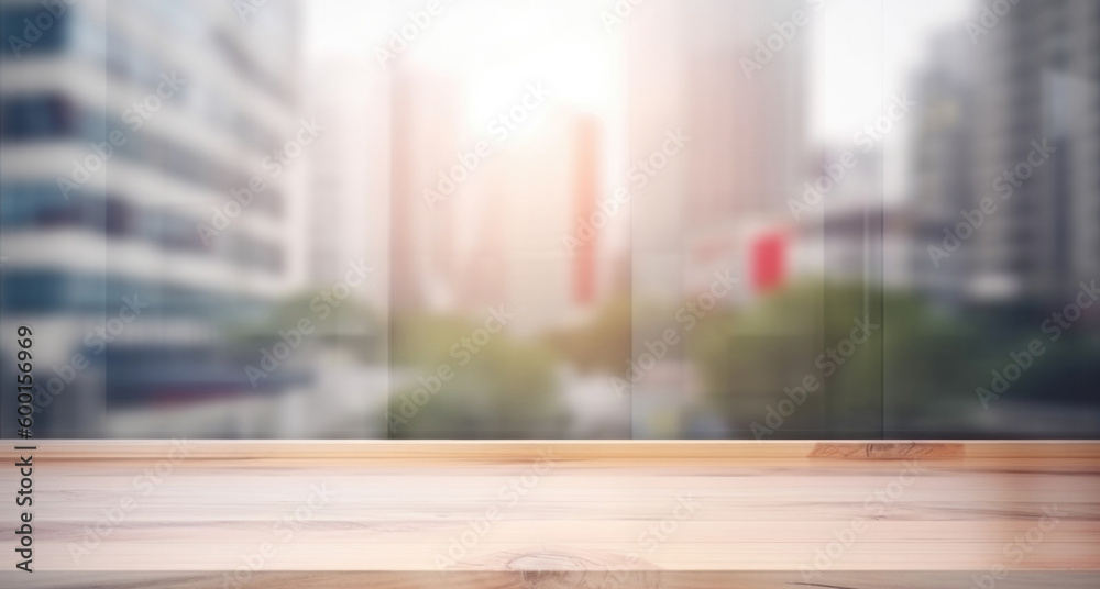 Wooden table top on blur window glass with city view, product display concept. (Generative AI)