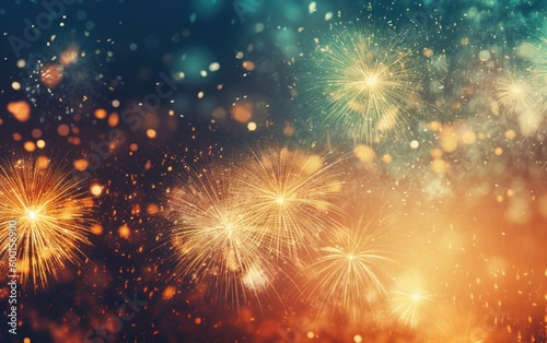 Fireworks at New Year, Sparklers and bokeh lights on sky, Banner design, Copy space for text (Generative AI)