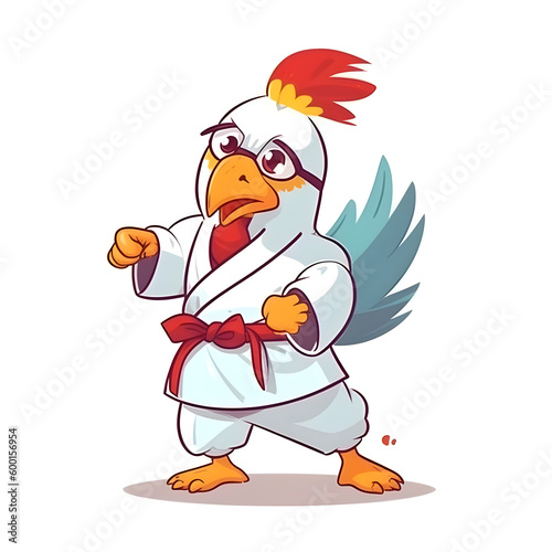 Fierce Chicken Cartoon Karate Sticker, This bold sticker features a cartoon chicken in a powerful karate pose, it's great for use as a logo, on clothing, or as a print sticker