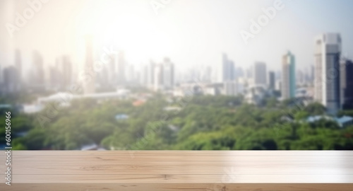 Wooden table top on blur window glass with city view  product display concept.  Generative AI 