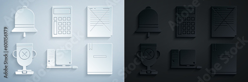 Set Computer monitor with keyboard and mouse, Exam paper incorrect answers survey, Award cup, Notebook, Calculator and Ringing bell icon. Vector