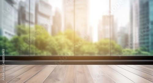 Wooden table top on blur window glass with city view  product display concept.  Generative AI 