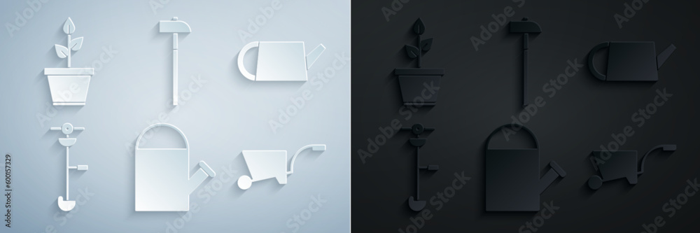 Set Watering can, Grass and weed electric string trimmer, Wheelbarrow, Hammer and Plant pot icon. Vector Set Watering can, Grass and weed electric string trimmer, Wheelbarrow, Hammer and Plant pot icon. Vector
