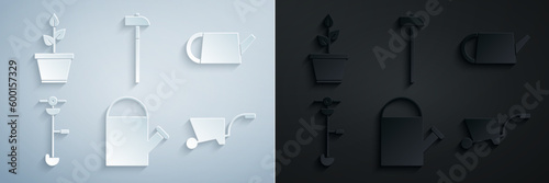 Set Watering can, Grass and weed electric string trimmer, Wheelbarrow, Hammer and Plant pot icon. Vector