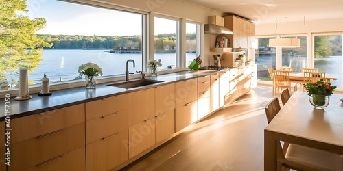 A Kitchen Made for Entertaining: A Large System Kitchen with Custom Cabinetry and a Scenic Lake View, Generative AI