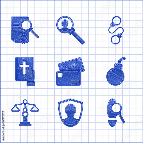Set Envelope, User protection, Magnifying glass with footsteps, Bomb ready to explode, Scales of justice, Oath the Holy Bible, Handcuffs and Document search icon. Vector