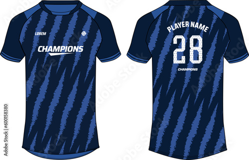 Sports jersey t shirt design flat sketch illustration, brush stroke pattern Raglan Round neck tees football jersey concept with front and back view for Cricket, soccer, Volleyball, Rugby jersey kit