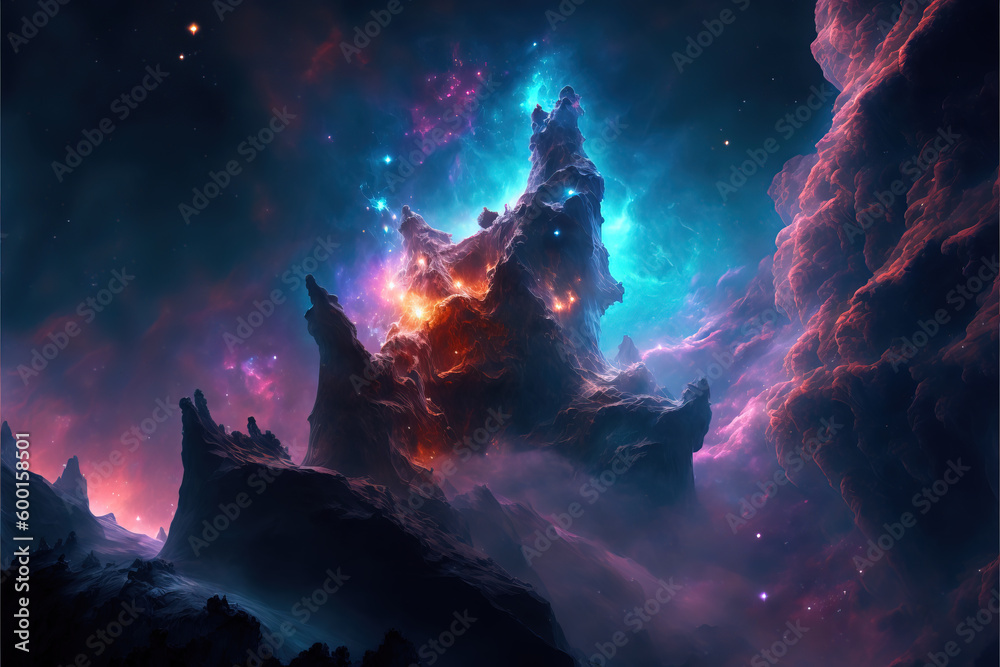 Obraz premium Purple, red and blue space with stars. Fantasy galaxy generative AI background