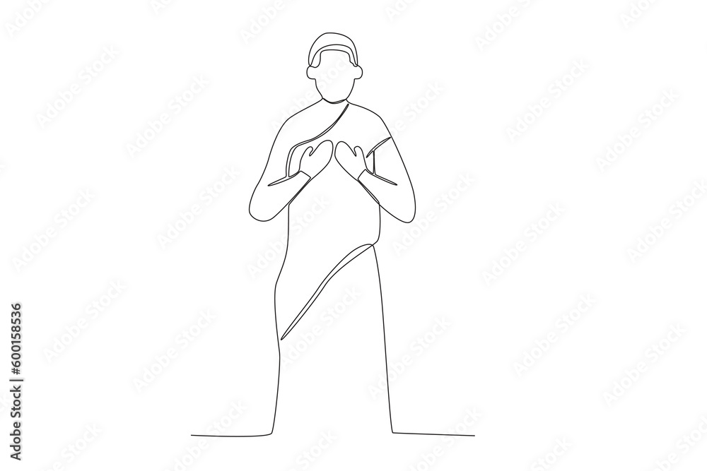 A pilgrim praying in Mecca. Hajj pilgrims one-line drawing A pilgrim praying in Mecca. Hajj pilgrims one-line drawing