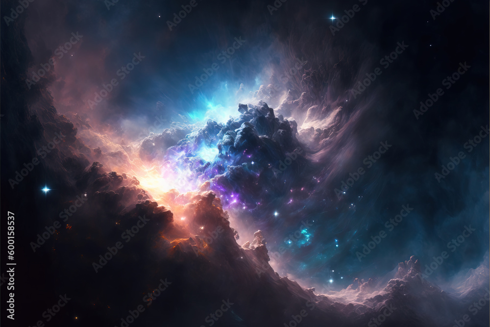 Fototapeta premium Glowing nebula with stars. Fantasy galaxy generative AI background