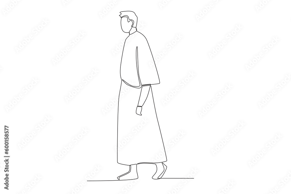 A pilgrim walking in Mecca. Hajj pilgrims one-line drawing A pilgrim walking in Mecca. Hajj pilgrims one-line drawing