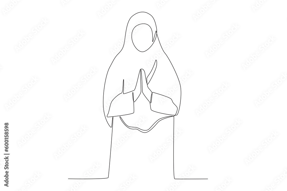 A female pilgrim greets another pilgrim. Hajj pilgrims one-line drawing