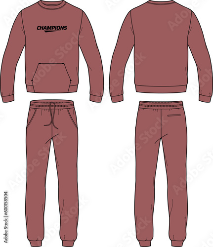 Long sleeve sweatshirt with sweatpants jogger bottom design flat sketch Illustration, T-Shirt with sweater pant front and back view, winter shirt for Men and women. Winter outerwear