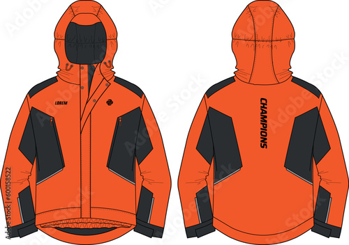Long sleeve Ski Hoodie jacket design flat sketch Illustration, Hooded utility jacket with front and back view, winter jacket for Men and women. for hiker, outerwear and workout in winter