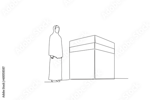 A female pilgrim looking at the Kabba. Hajj pilgrims one-line drawing