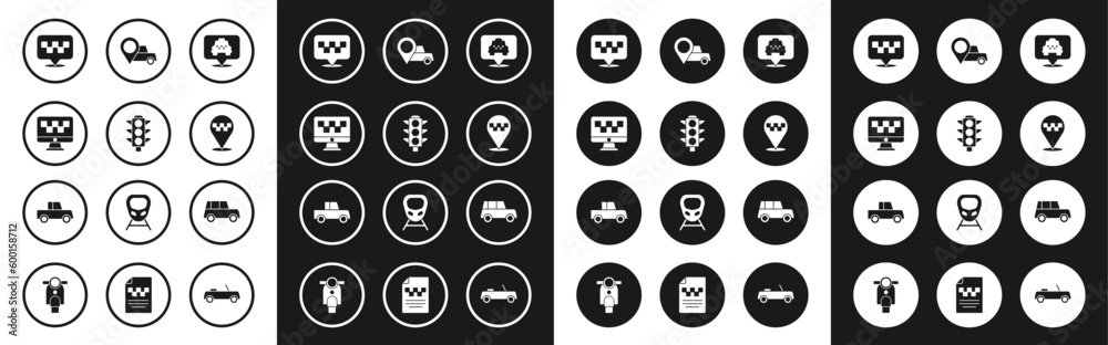 Set Location with taxi, Traffic light, Computer call service, Car and icon. Vector
