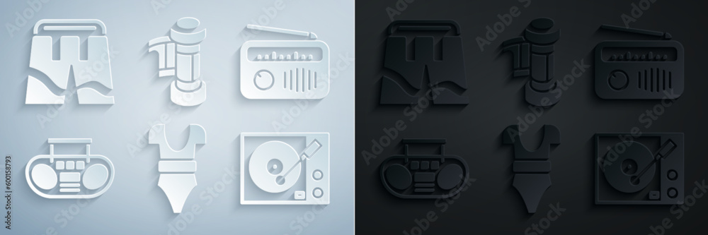 Set Swimsuit, Radio with antenna, Home stereo two speakers, Vinyl player, Camera roll cartridge and Short or pants icon. Vector Set Swimsuit, Radio with antenna, Home stereo two speakers, Vinyl player, Camera roll cartridge and Short or pants icon. Vector